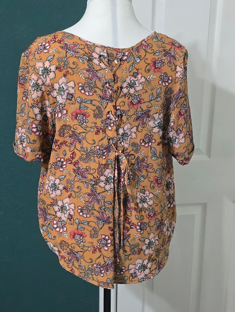Sweet Rain Floral Boho Blouse Top Mustard Yellow Short Sleeve L Earthy Romantic